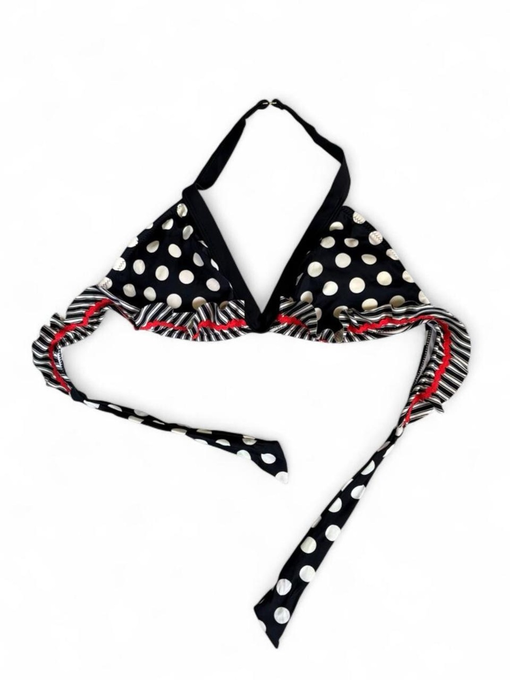 Jessica Simpson Black and White Polka Dot Halter Bikini Top with Red Trim